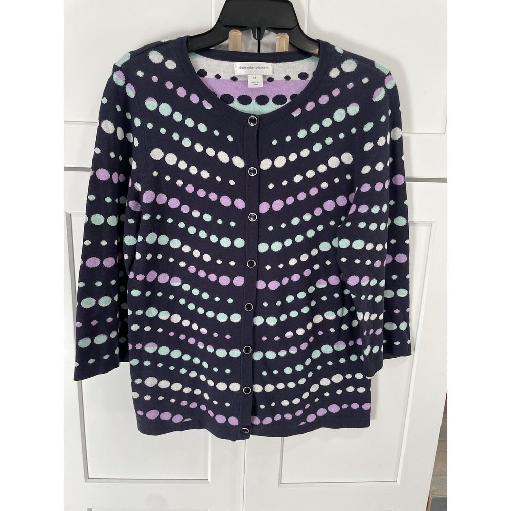 CHRISTOPHER BANKS M Polka Dot‎ 3/4 Sleeve Cardigan Navy SI29